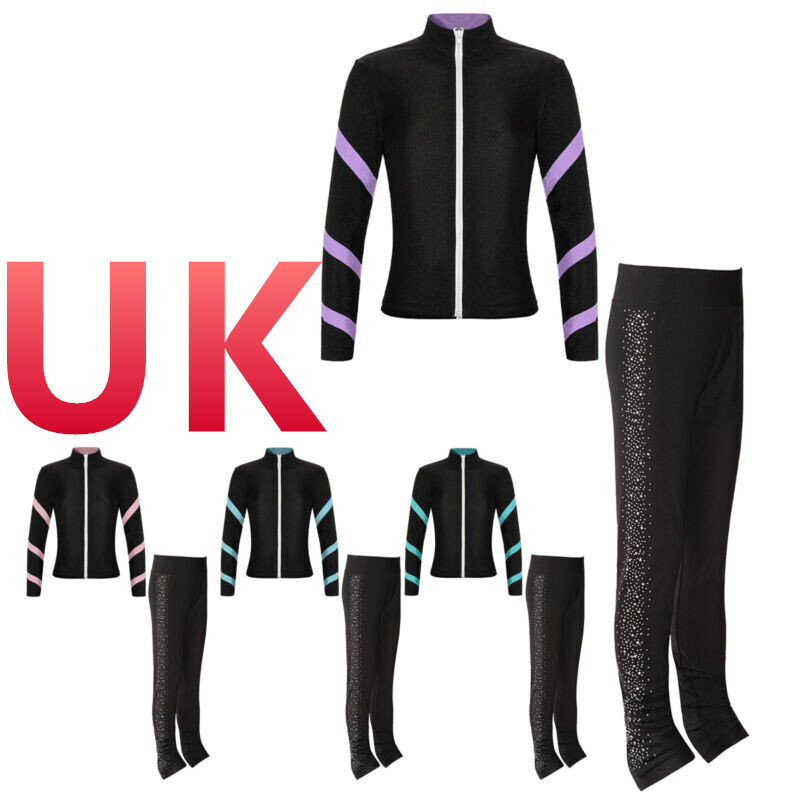 Girls Figure Skating Outfit Set - Shiny Metallic Spiral Jacket With Skating Tights Performance Costume
