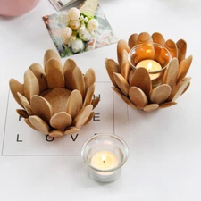 Wooden Petal Candle Holder Table Candle Holder Desktop Lotus Shape wi/Glass Cup