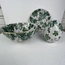 Porcelain Decor Set Laege Egg Bowl Plate Ivy Pattern Green White Heavy Textured