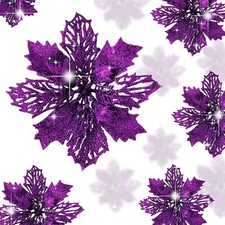 16 Pcs Glitter Poinsettia Flowers Artificial Christmas Purple Poinsettia Decorat