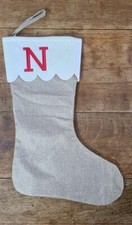 Initial Letter N Monogram Christmas Stocking Burlap Fabric Embroidered Red N