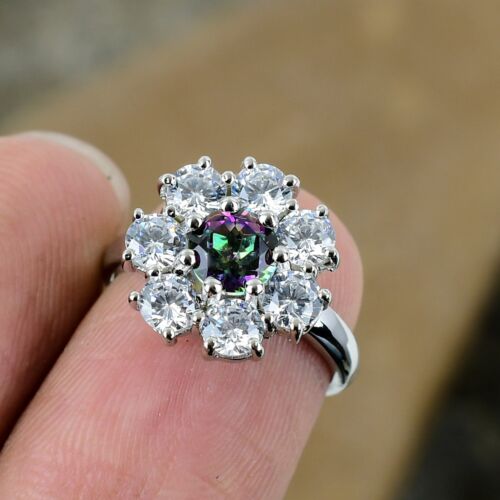 Rainbow Mystic Fire Topaz, White Topaz Ring, Solid 925 Sterling Silver Ring - Picture 1 of 5