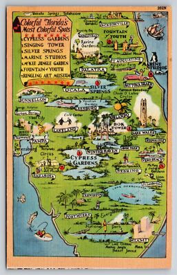 Florida State Map~Most Colorful Spots~Cypress Gardens~Lakes~Beaches~Vtg Linen PC