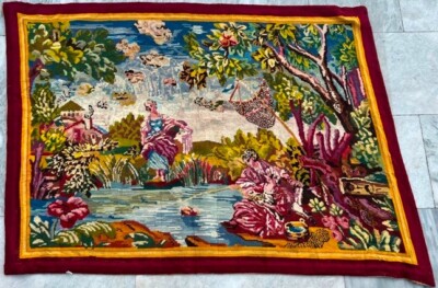 Tapisserie Vintage Française – Gobelin Fait Main, Suspension Murale 105x48cm (Motif Floral)