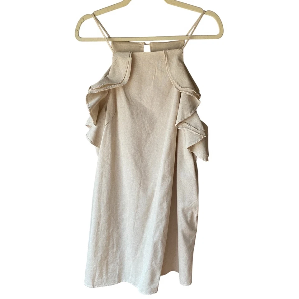 Linen Lux Linen Blend Ivory Ruffle Accent Mini Dress XL lined minimalist preppy - Image 2 of 4