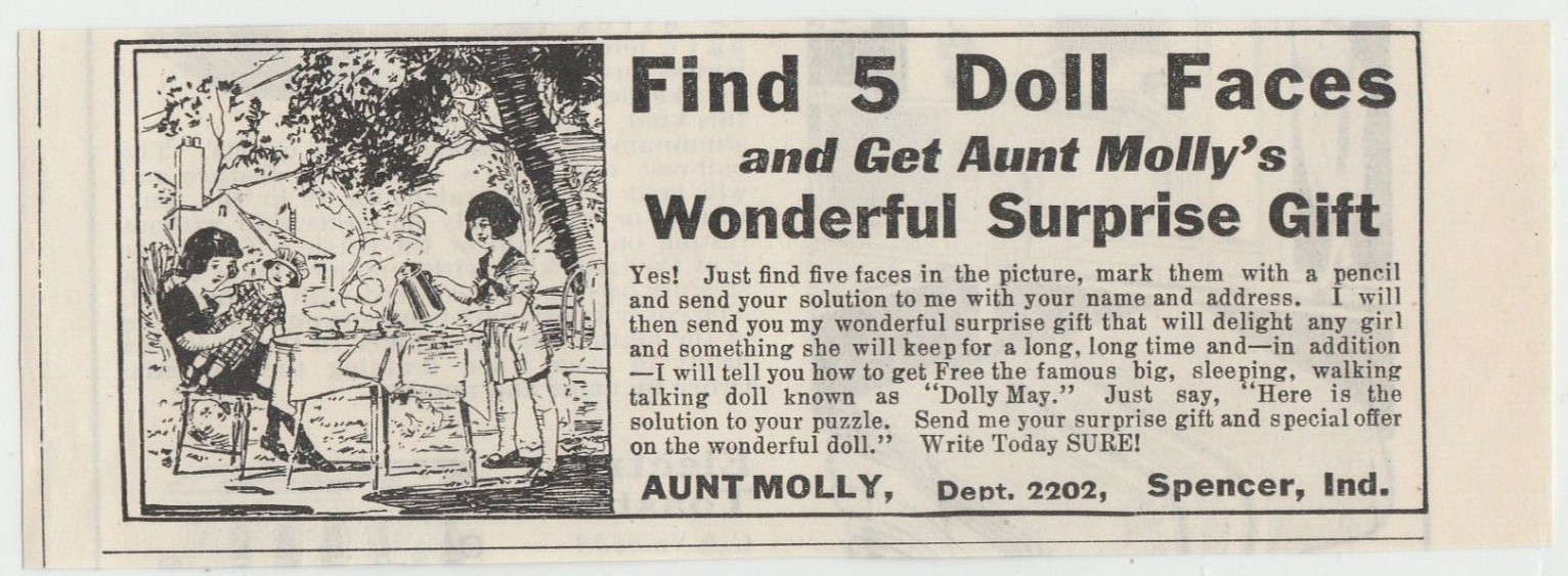 1927 Aunt Molly's Talking Doll Print Ad 1920s Find 5 Doll Faces Gift Dolly May