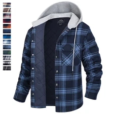 Men's Flannel Plaid Shirts Jacket Checked Hoodie Quilted Padded Casual Work Coat