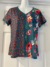 Leopard And Floral Print V-Neck Short Sleeve Blouse, Size Large