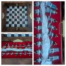 Chinese Dynasty Chess Set – Resin Figures, Wood Board, Complete – 19" Foldable