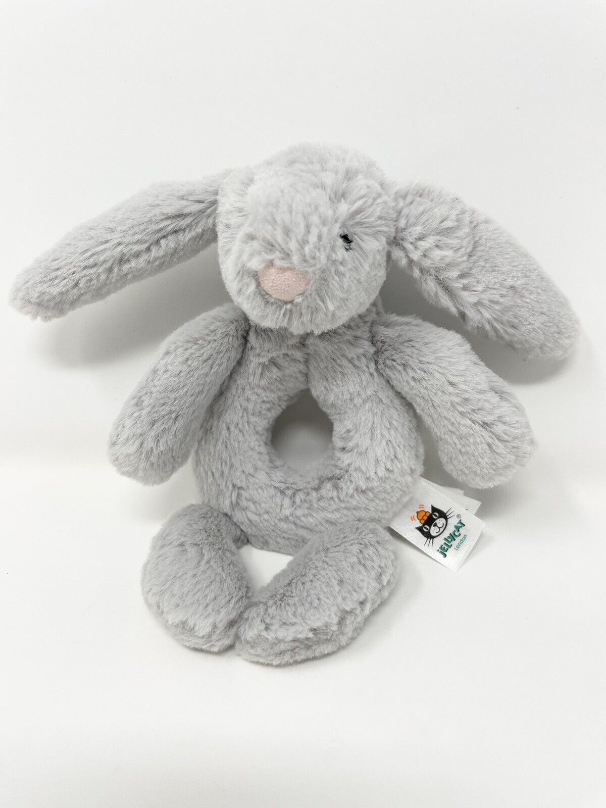 Jellycat London Gray Bashful Bunny Rabbit Ring Rattle Plush Baby Toy Security 7”