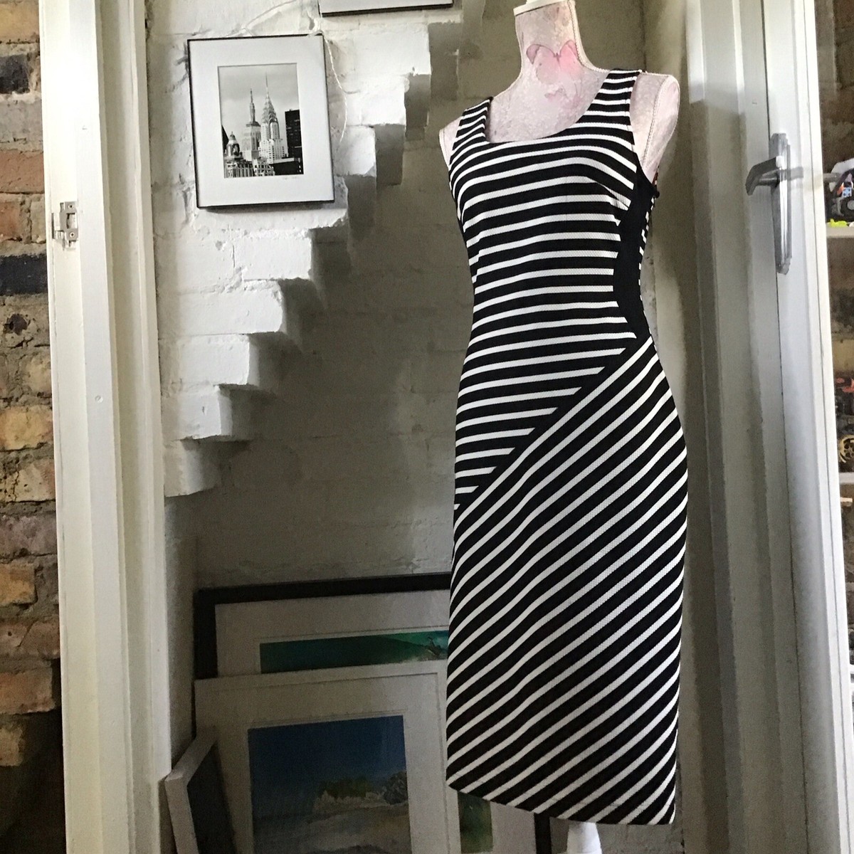 Karen Millen Designer Black White Striped Summer MIDI Dress Size
