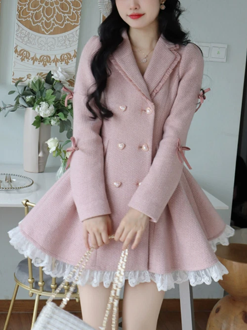 Warm Winter Pink Sweet Elegant Dress Women Lace Korean Style Party Mini  Dress