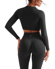 2 Piece Workout Sets Scrunch Hip Lifting Seamless Leggings Long Sleeve Yoga C...