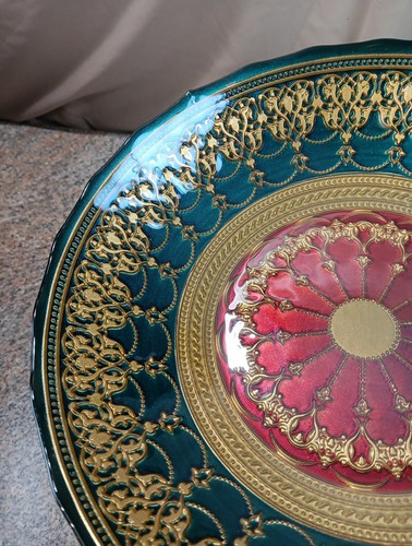 12” Turkish Glass Round Gold Lace Serving Bowl Burgundy Teal Gold Ripple Rim EuC - Imagen 5 de 8
