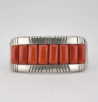 Vtg V.James Navajo Sterling Silver Mediterranean Red Coral Cuff Bracelet 86g