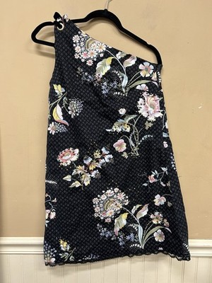 Anthropologie Maeve Ashbury Dress Size 2 Black One-Shoulder Floral Beaded Shift
