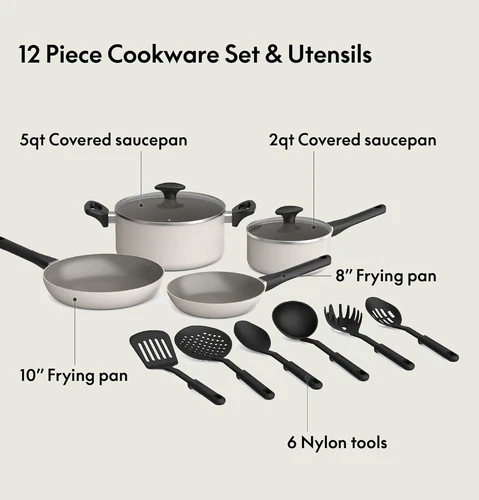 BELLA 12 PIECE COOKWARE SET EVERGOOD CERAMIC NONSTICK COATING Oatmilk