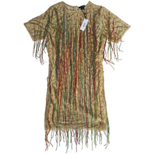 NEW Nasty Gal Mini Shift Dress Tassel Beaded Embellished Short Sleeve Yellow 8