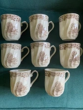 Set of 8 Myott Factory Thanksgiving Mugs Turkey Floral Border Brown - Unused