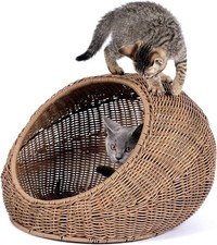 Wicker Cat Bed Dome for Medium Indoor Cats Faux Rattan Houses Pets Dome Basket