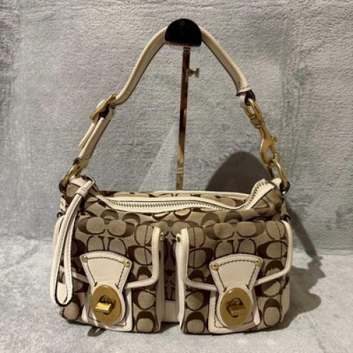 COACH 65th Signature Legacy Turnlock Shoulder Bag Brown White Used