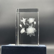 3D Laser Etched Hummingbird Flowers Glass Paperweight 3" x 2"