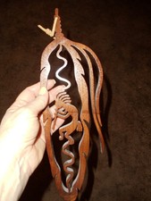 Kokopelli Indian Dancing inside Feather Wood Carved Unique piece Leather strap