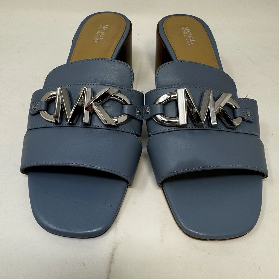 Sandalias Michael Kors Azul Cuero Tacón Bloque Mules Talla 9M Logo MK Foto 3 de 4
