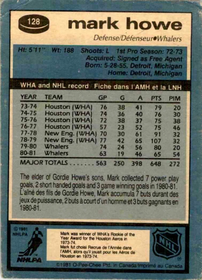 1981-82 O-Pee-Chee Mark Howe #128 - Image 2 of 2