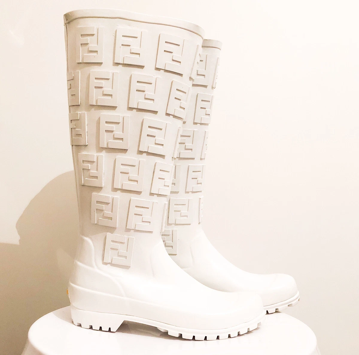 Fendi Womens White Fashion Iconic FF Rubber High Wellingtons Boots