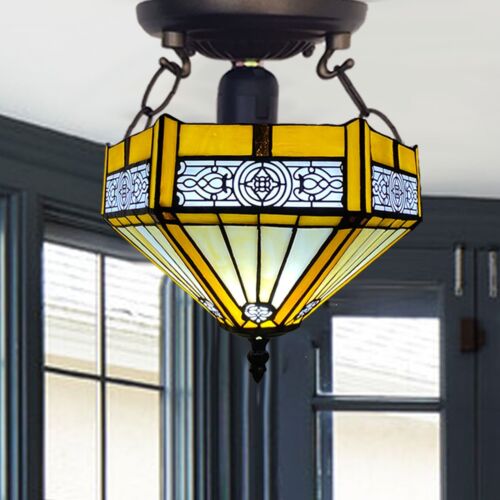 Tiffany Yellow Hexagon Ceiling Lamp 10 inch Stained Glass Shade Antique Style - Afbeelding 1 van 13