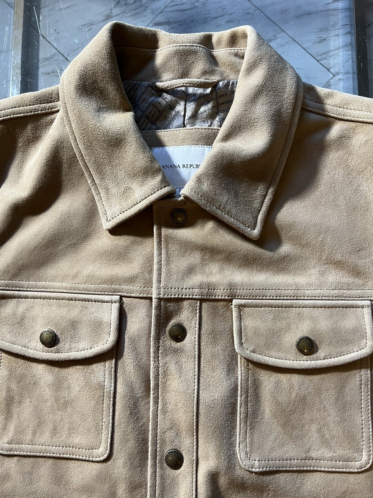 New Banana Republic Suede Leather Trucker Jacket Size Medium Beige $550 image 4