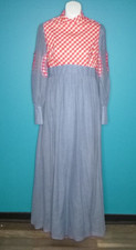 Vtg 70s Blue Chambray Gingham Maxi Prairie Dress Sheer Sleeves Sz XS/S