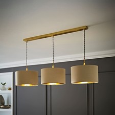 Image of Reni Brushed Gold 3 Way Drop Bar Ceiling Pendant Light Fabric Metallic Shade LED