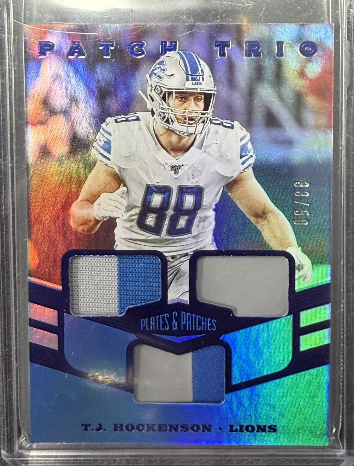 TJ Hockenson Panini Plates & Patches Rookie Patch Autographs #TJH Blue