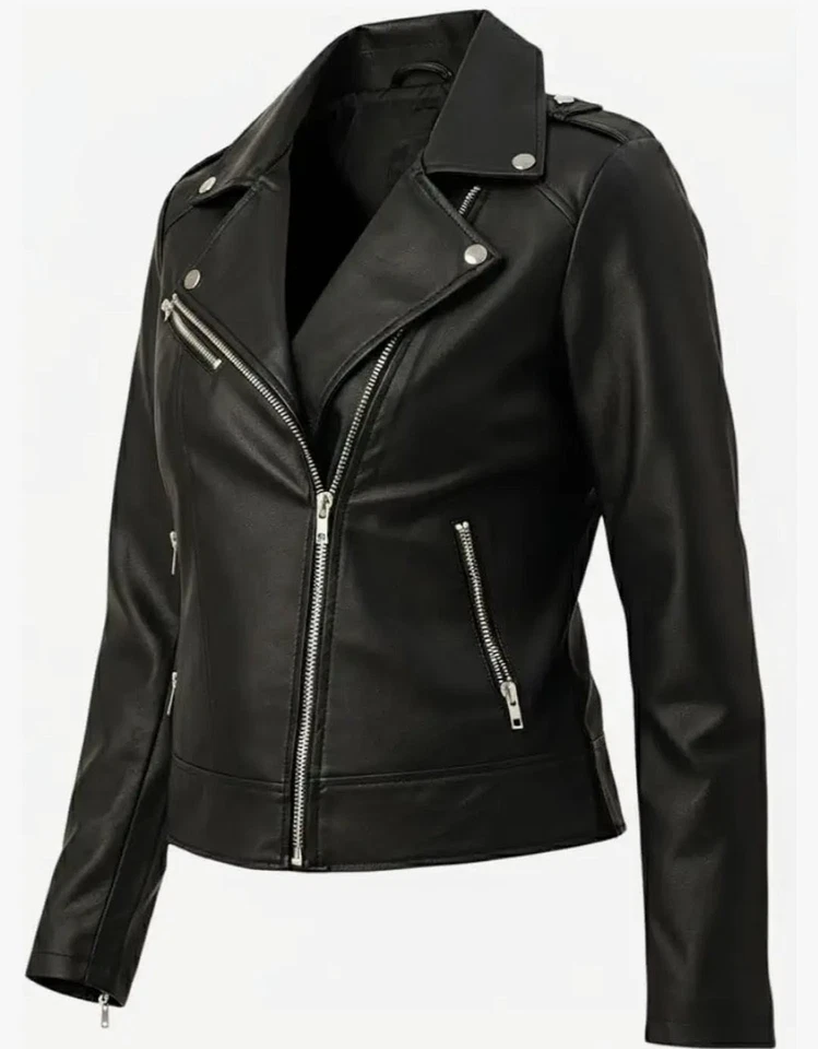 Damen Schwarz 100% Jacke Echtes Leder Elegant Slim Fit Motorrad Stil - Bild 4 von 4