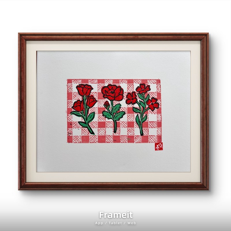 Original Red Florals 1 Linocut Print By Alannah Dyer- Acrylic 8x10 in. Nature