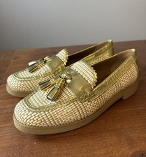 TORY BURCH Woven Raffia Loafer Natural Raffia Gold Leather Trim Careen Size 8M