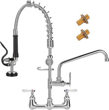 Wall Mount Commercial Kitchen Faucet with Pre-Rinse Sprayer Swivel Spout