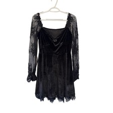 Black Velvet Lace Long Sleeve Mini Dress Moon Charm Goth Witchy Women Large