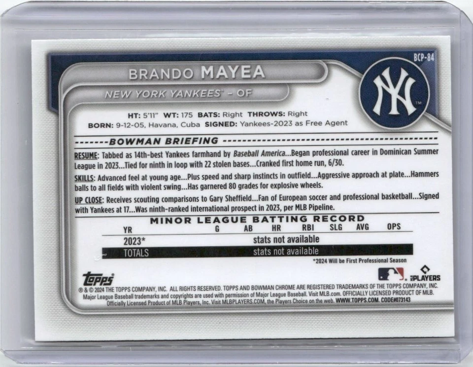 2024 BOWMAN CHROME PROSPECTS BRANDO MAYEA NEW YORK YANKEES #BCP-84 - Image 2 of 2