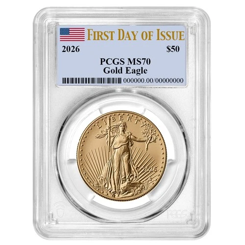 2026 $50 1-oz American Gold Eagle PCGS MS70 FDOI Flag Label
