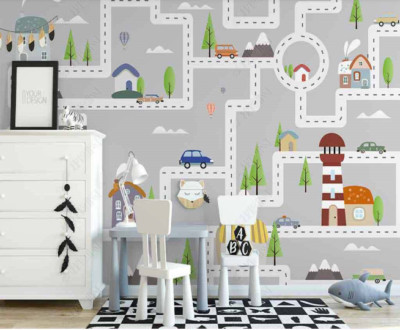 3D City Traffic Map Cartoon Kids Self-adhesive Removeable Wallpaper Wall Mural
