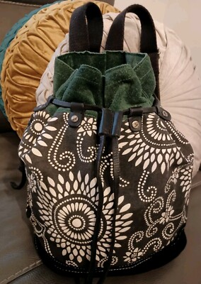 LUCKY BRAND Boho Floral Canvas Drawstring Leather Suede Trim