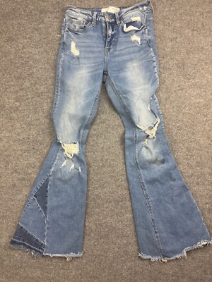 Bridge by Gly Hi Rise Flare Leg Jeans Women's 25 Distressed Blue Patchwork