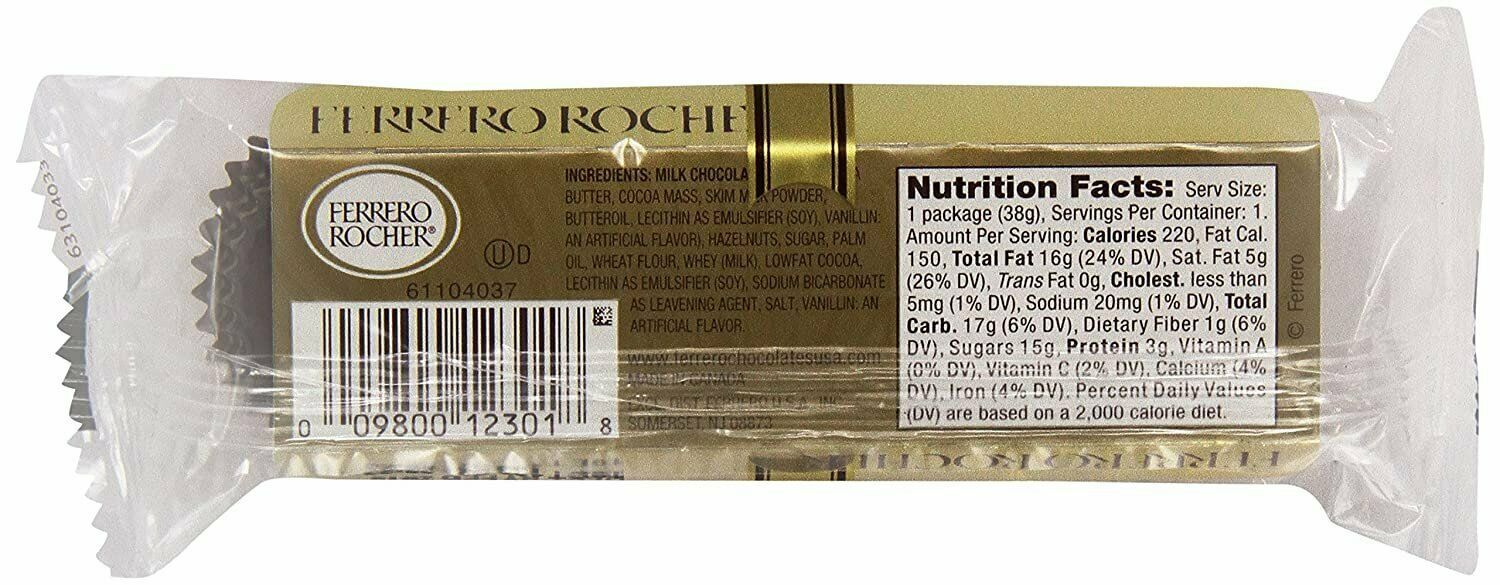 Ferrero Rocher Hazelnut Chocolates Gold Foil Wrap Gluten Free 3 ct Case