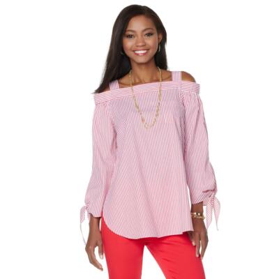 DG2 by Diane Gilman Pinstripe Stretch Poplin Off-the-Shoulder Top 468147-(K-5)