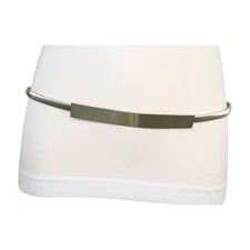 Women Silver Metal Elastic Skinny Waistband Narrow Belt Long Plate Buckle S M