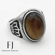 Men's Silver Stainless Steel Black,Tigers Eye Crown,Ring 8-13 High Polish BOX