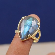 925 Silver Gold Plated Jewelry Natural Grey Labradorite Gemstone Ring Size 9